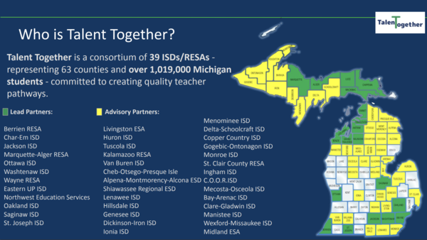 A map of counties in Michigan involved in Talent Together, with some counties in green designated as lead partners and some in yellow as advisory partners.