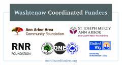 Coordinated funders include Ann Arbor Area Community Foundation, St. Joseph Mercy Ann Arbor, RNR Foundation, Washtenaw County, and United Way